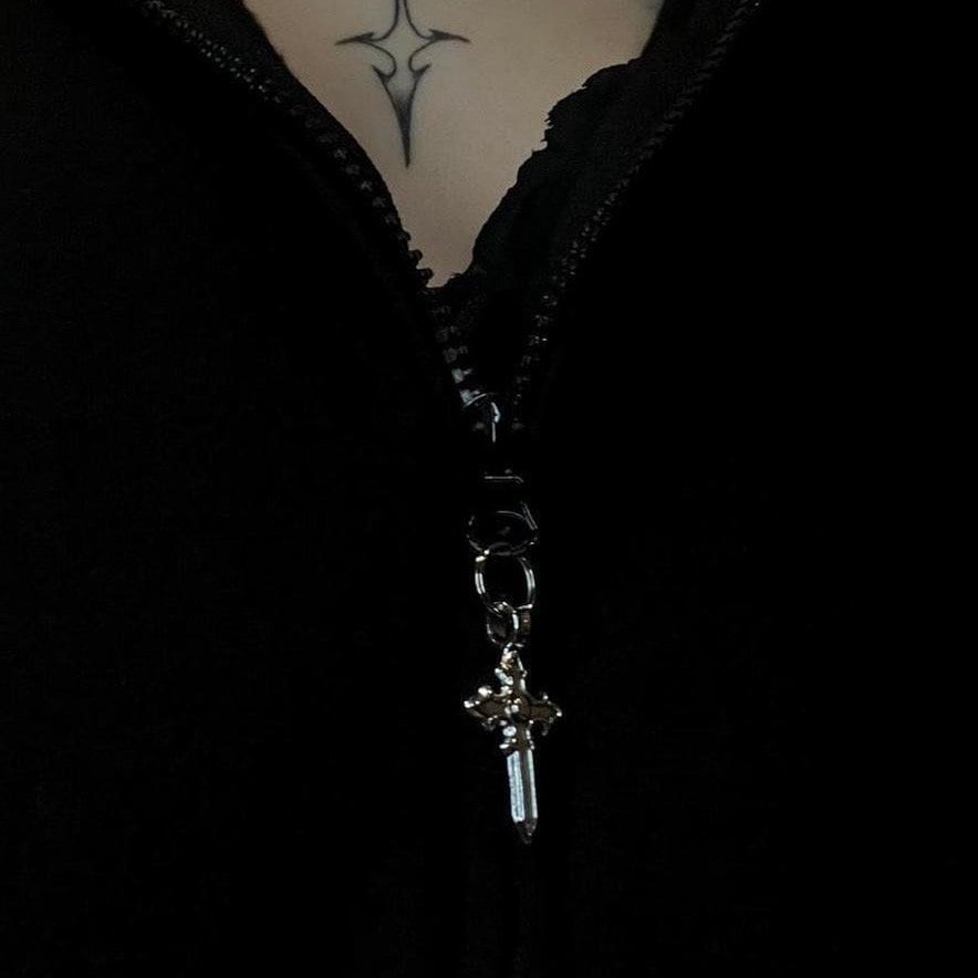 White Fur Black Zip Up Studded Y2K Hoodie Grunge Zip Cross Pendant Pom Poms