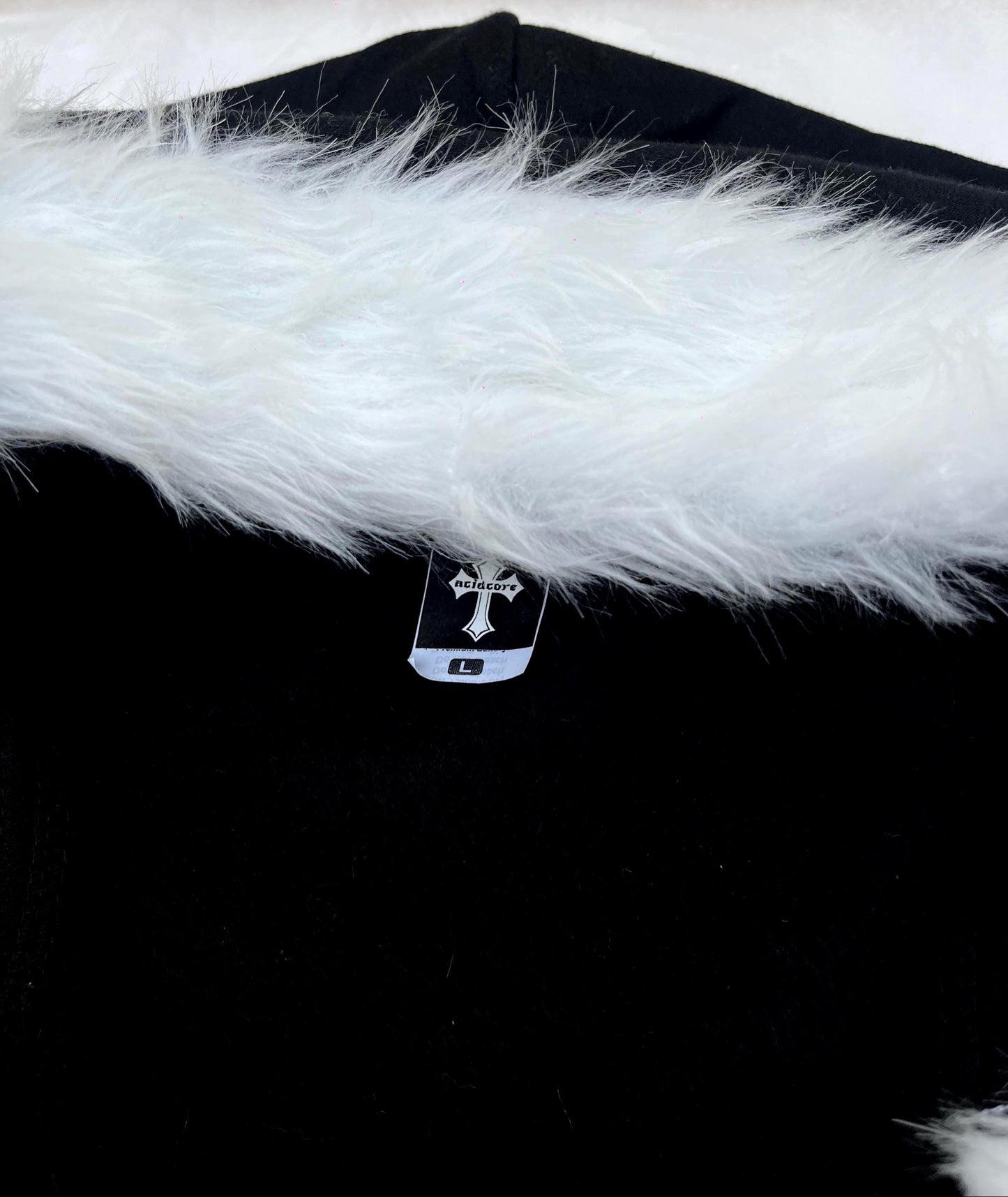White Fur Black Zip Up Studded Y2K Hoodie Grunge Zip Cross Pendant Pom Poms