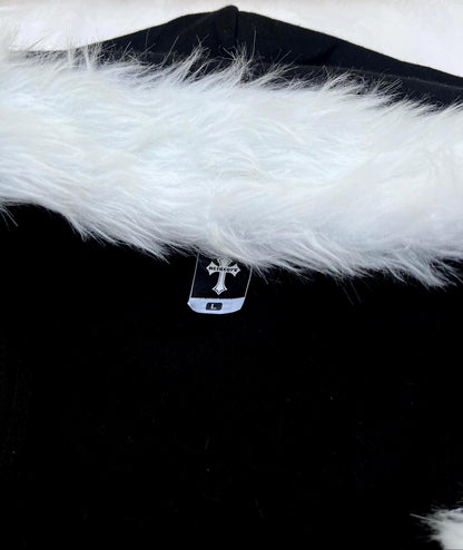 White Fur Black Zip Up Studded Y2K Hoodie Grunge Zip Cross Pendant Pom Poms