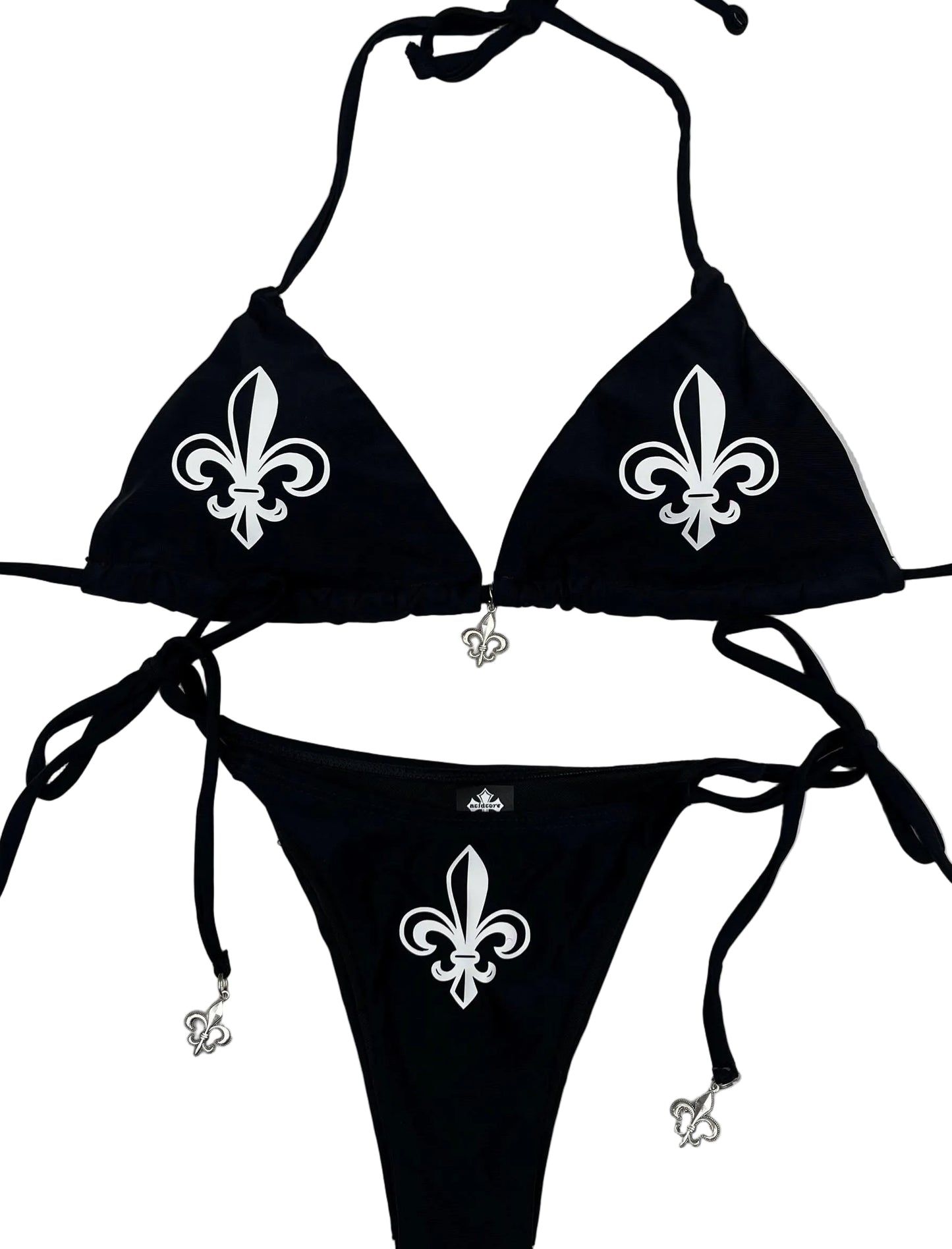 Women’s Fleur De Lis Cross Black String Bikini Halter Neck with Pendants