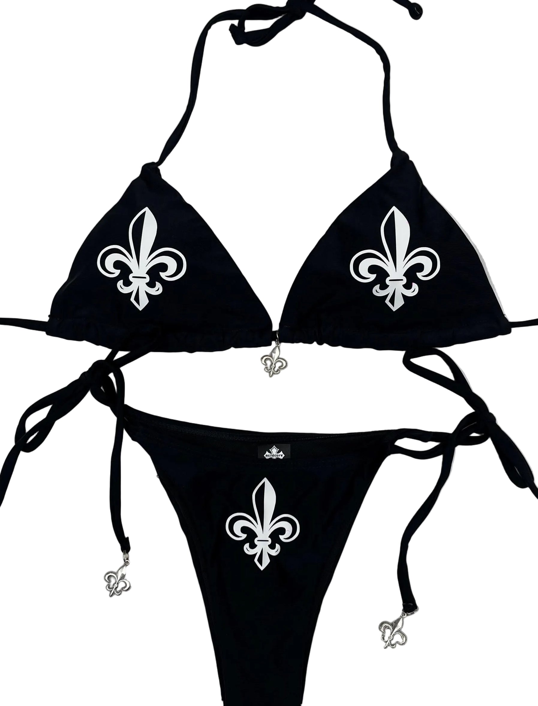 Women’s Fleur De Lis Cross Black String Bikini Halter Neck with Pendants