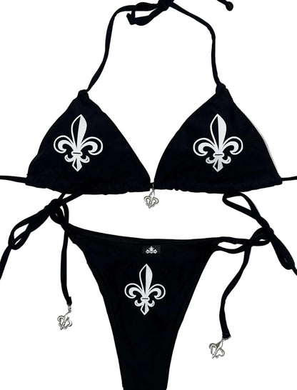 Women’s Fleur De Lis Cross Black String Bikini Halter Neck with Pendants