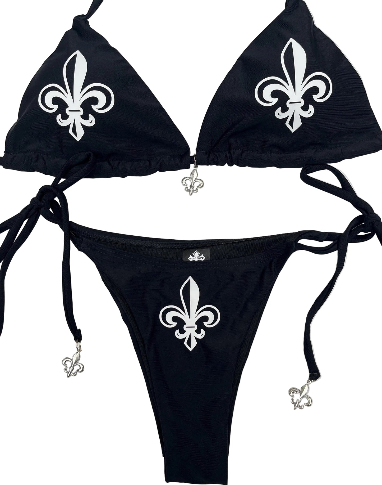 Women’s Fleur De Lis Cross Black String Bikini Halter Neck with Pendants