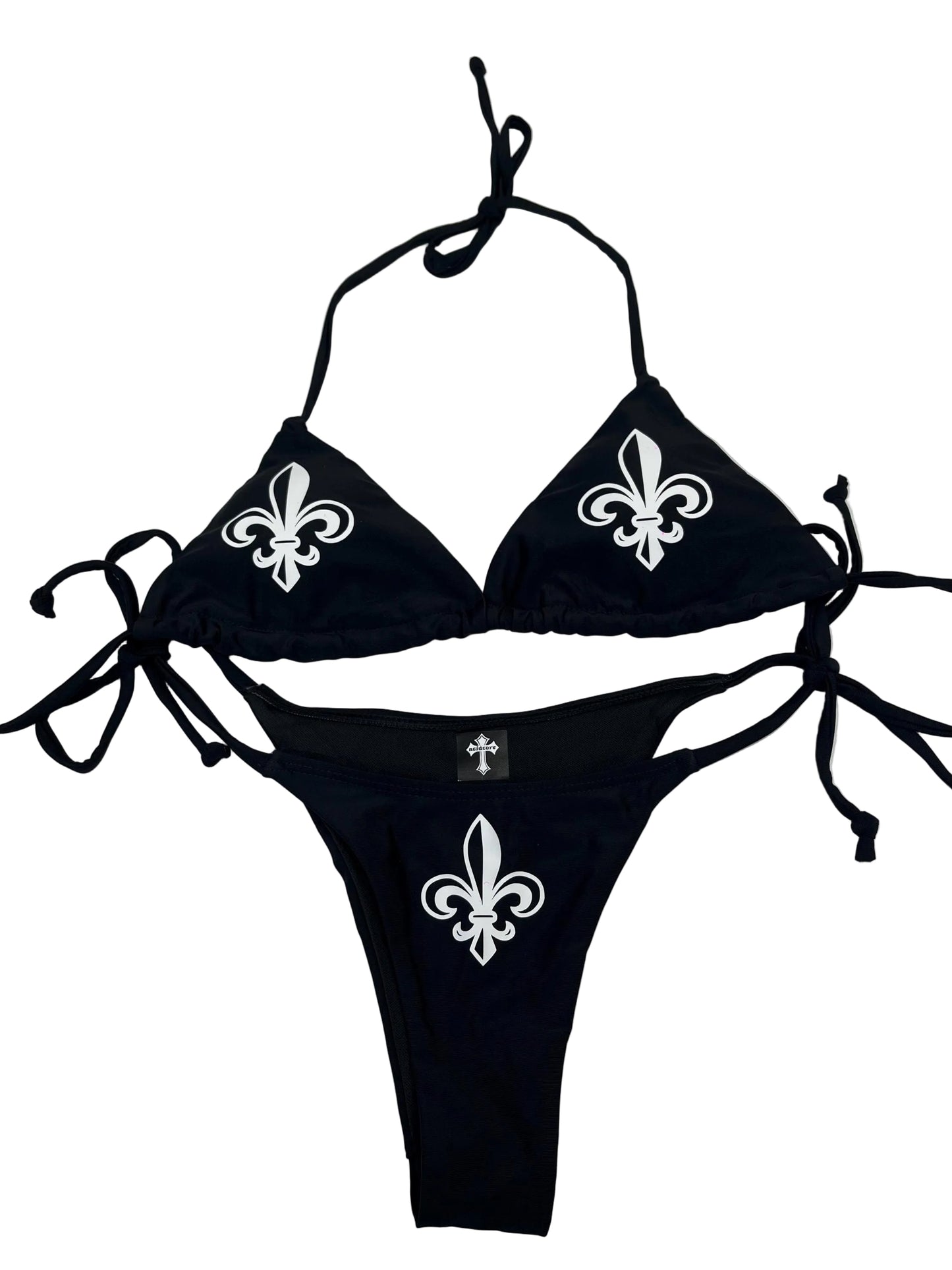 Women’s Fleur De Lis Cross Black String Bikini Halter Neck with Pendants