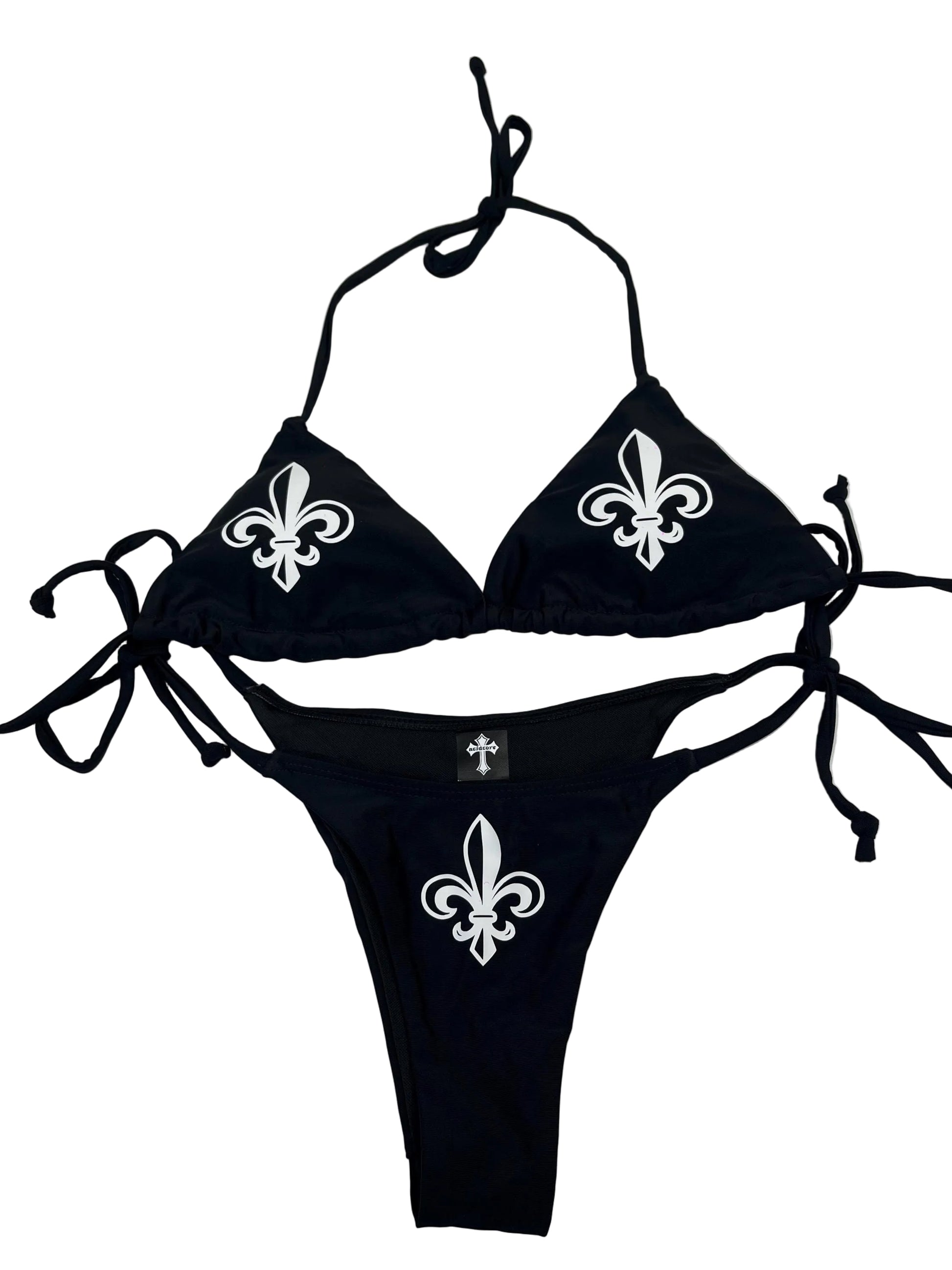 Women’s Fleur De Lis Cross Black String Bikini Halter Neck with Pendants