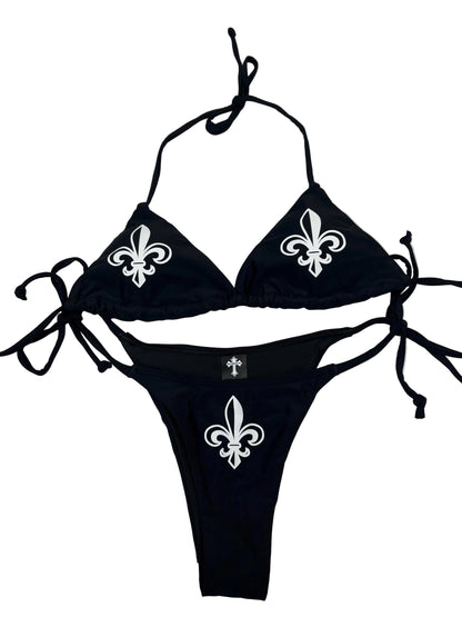 Women’s Fleur De Lis Cross Black String Bikini Halter Neck with Pendants