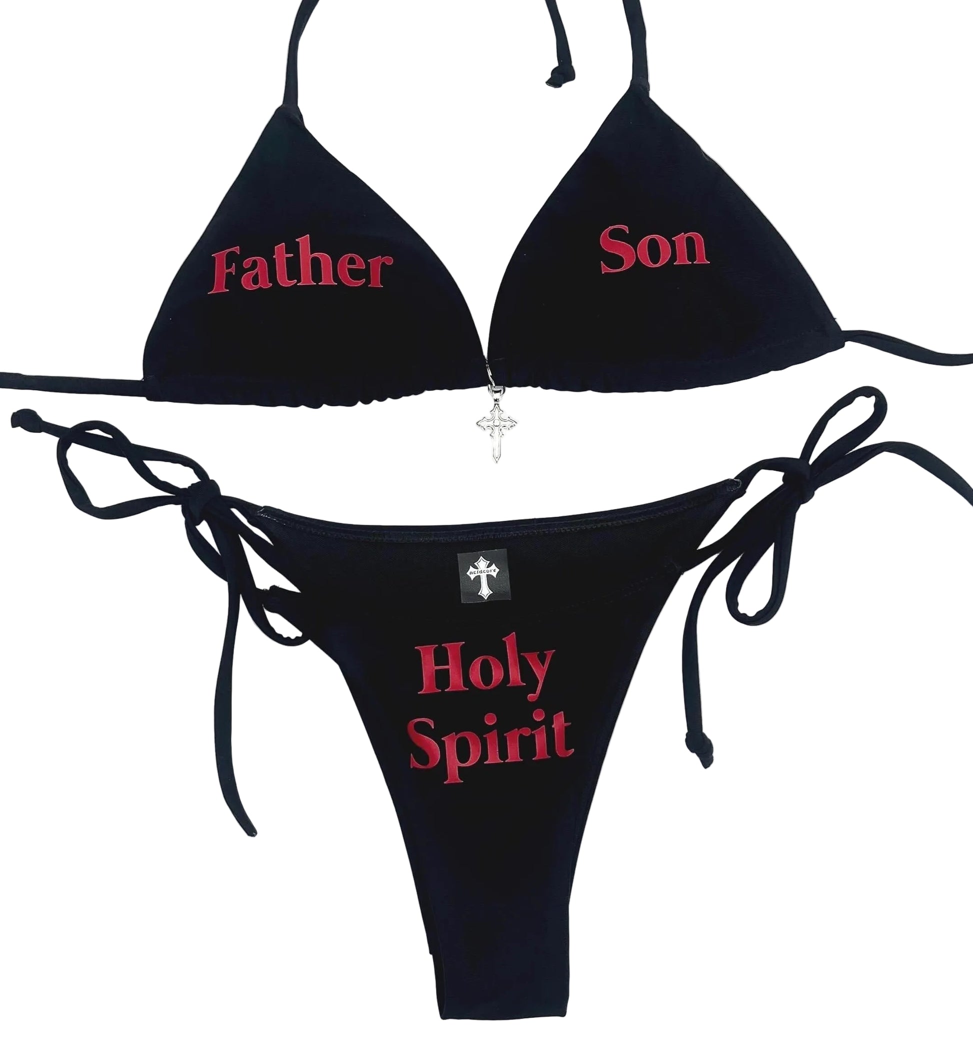 Front View:  Holy Spirit Father Son Black Rebellious Emo Bikini Swimsuit