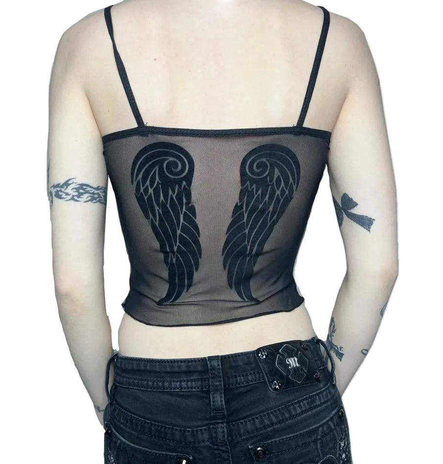 Y2K Black Flocked Sheer Mesh Angel Wings Cami Set Lingerie