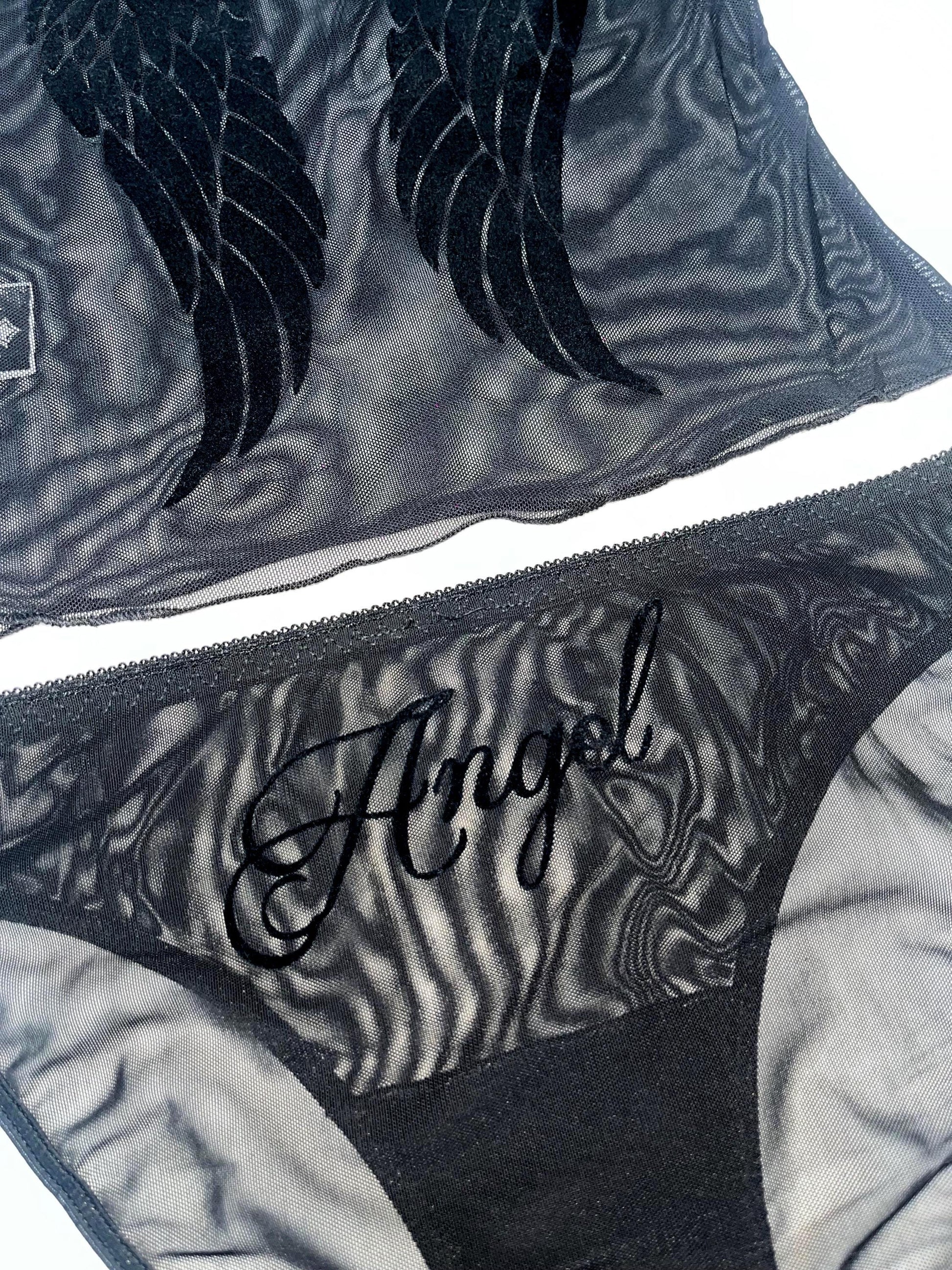 Y2K Black Flocked Sheer Mesh Angel Wings Cami Set Lingerie