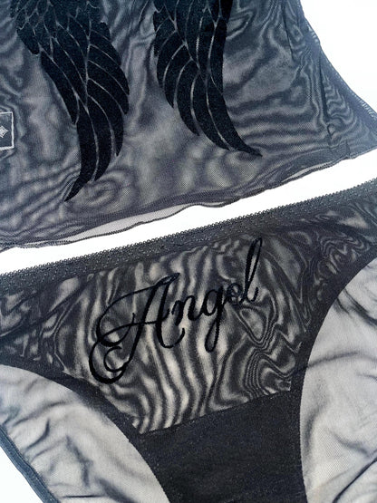Y2K Black Flocked Sheer Mesh Angel Wings Cami Set Lingerie