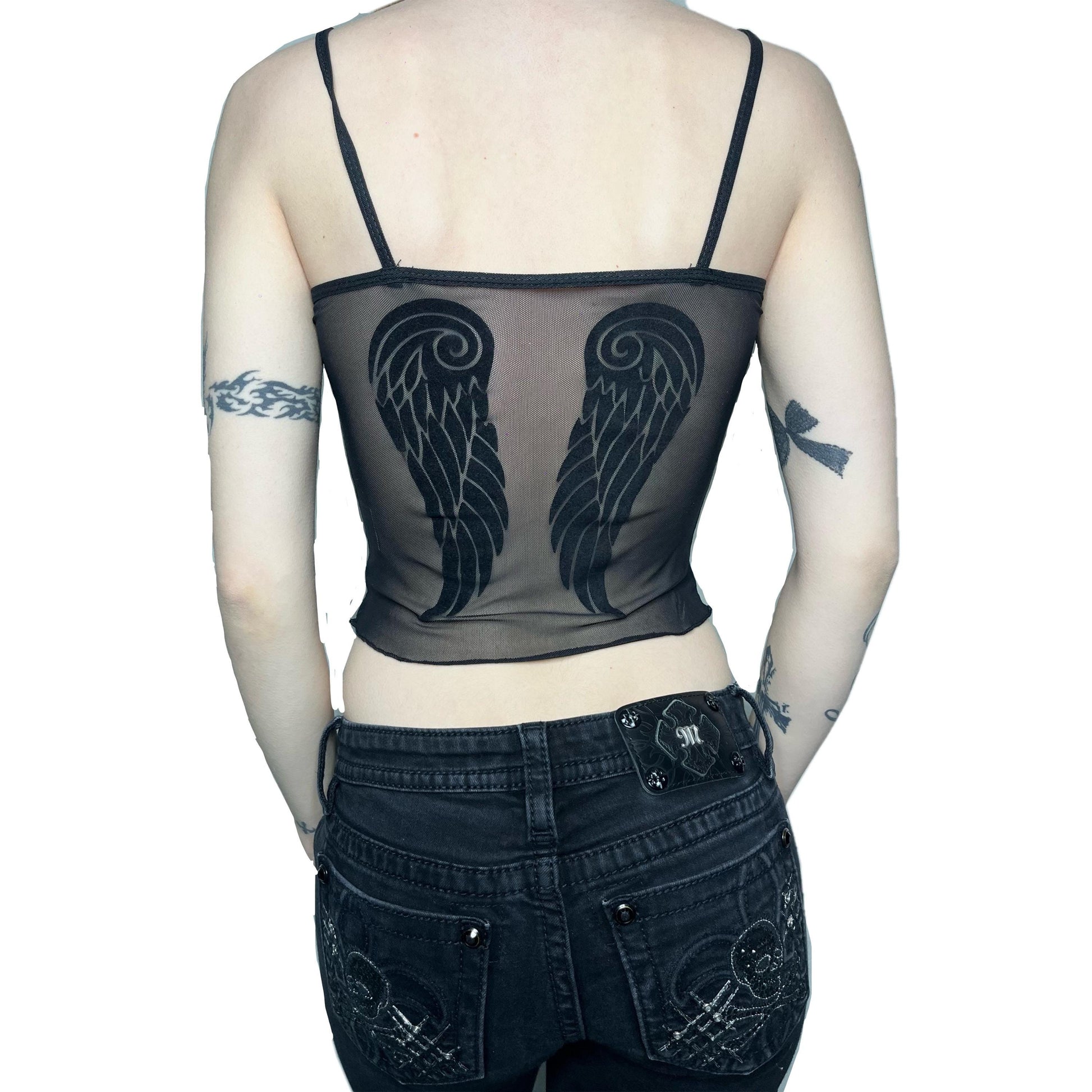 Y2K Black Flocked Sheer Mesh Angel Wings Cami Set Lingerie