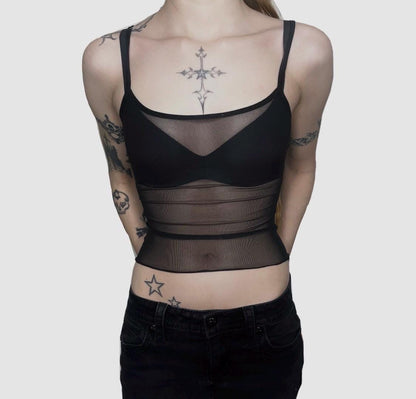 Y2K Black Flocked Sheer Mesh Angel Wings Cami Set Lingerie