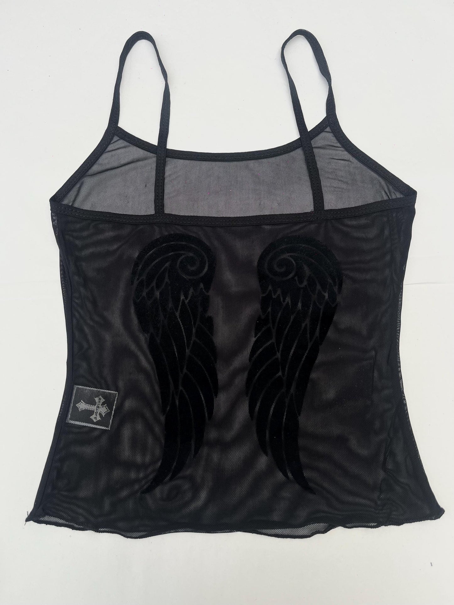 Y2K Black Flocked Sheer Mesh Angel Wings Cami Set Lingerie