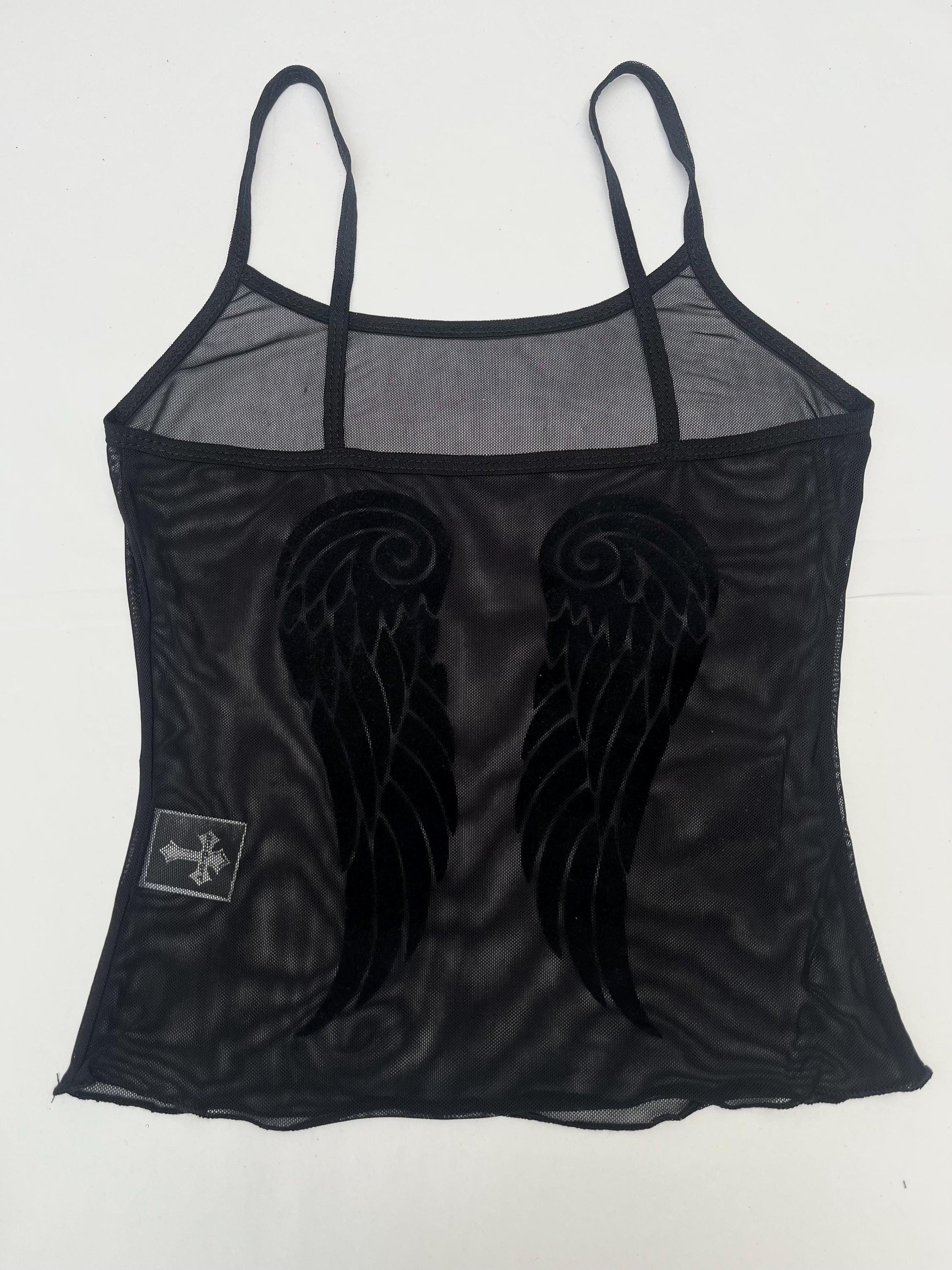 Y2K Black Flocked Sheer Mesh Angel Wings Cami Set Lingerie