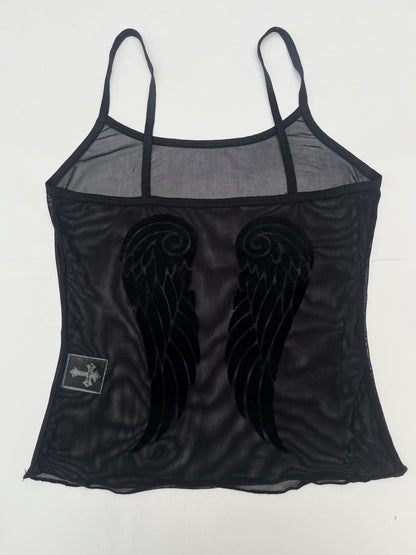 Y2K Black Flocked Sheer Mesh Angel Wings Cami Set Lingerie