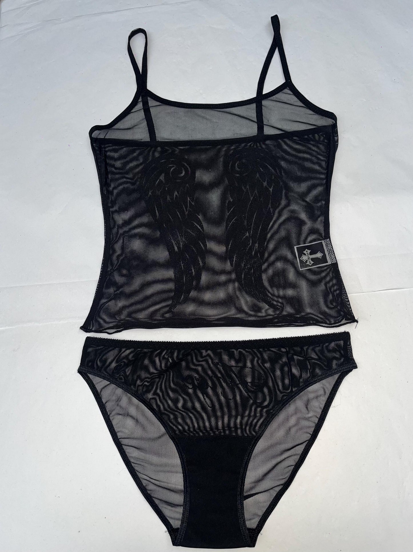 Y2K Black Flocked Sheer Mesh Angel Wings Cami Set Lingerie