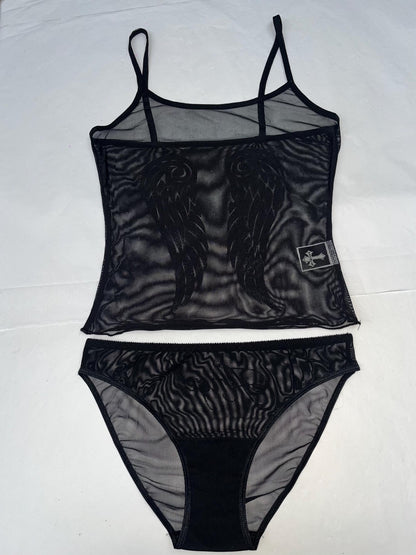 Y2K Black Flocked Sheer Mesh Angel Wings Cami Set Lingerie