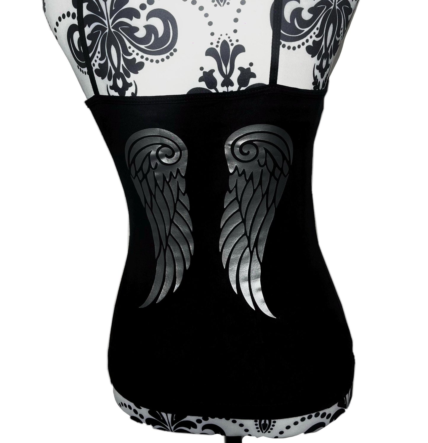 Y2K Black Ruched Cami Printed with Chrome Metallic Angel Wings