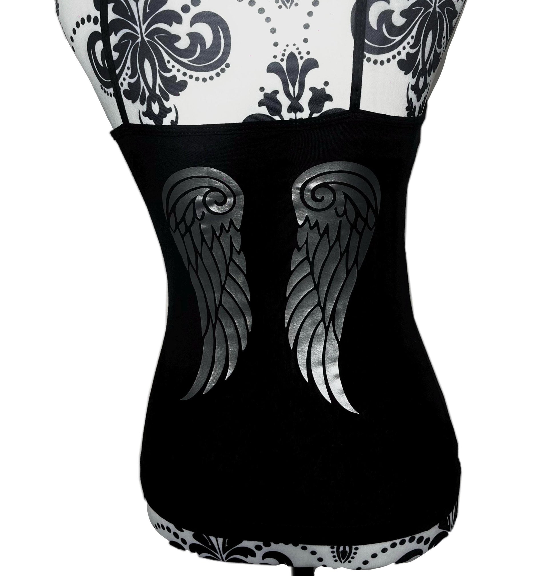 Y2K Black Ruched Cami Printed with Chrome Metallic Angel Wings