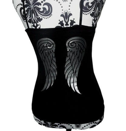 Y2K Black Ruched Cami Printed with Chrome Metallic Angel Wings