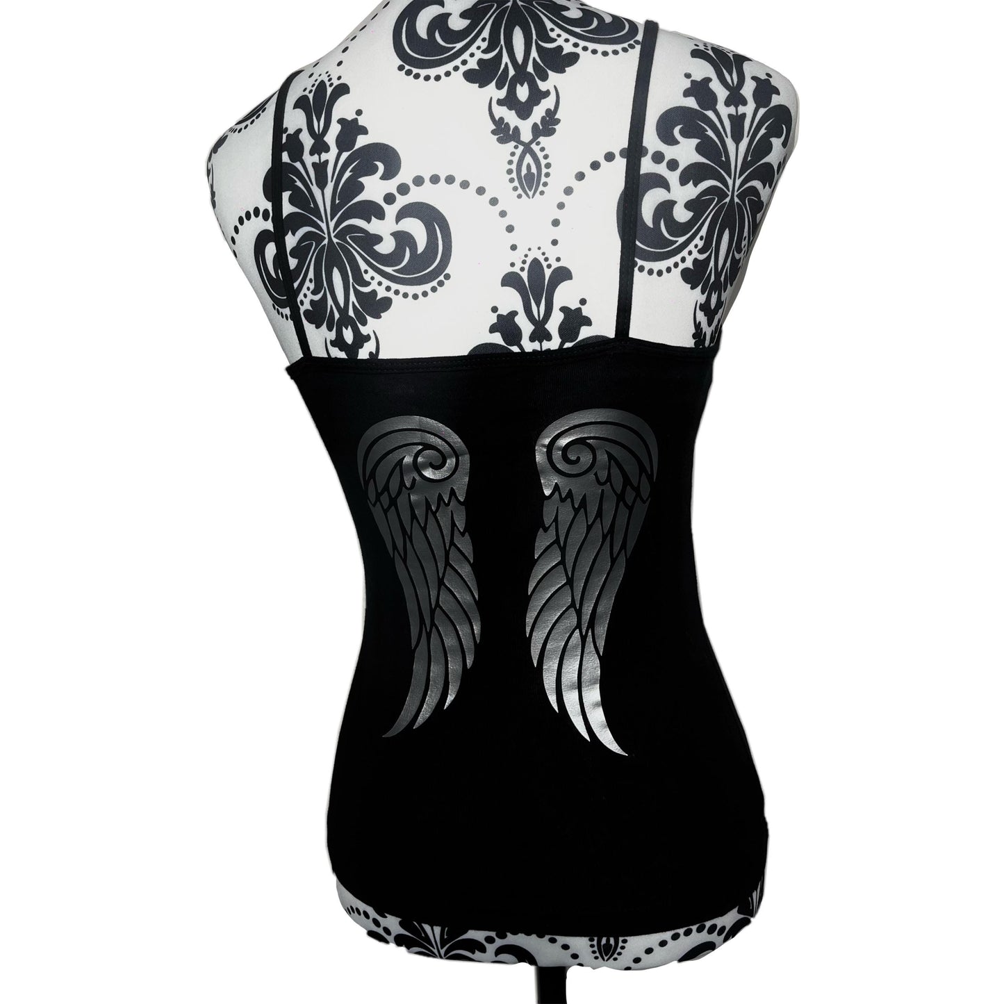Y2K Black Ruched Cami Printed with Chrome Metallic Angel Wings