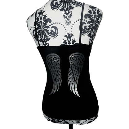 Y2K Black Ruched Cami Printed with Chrome Metallic Angel Wings