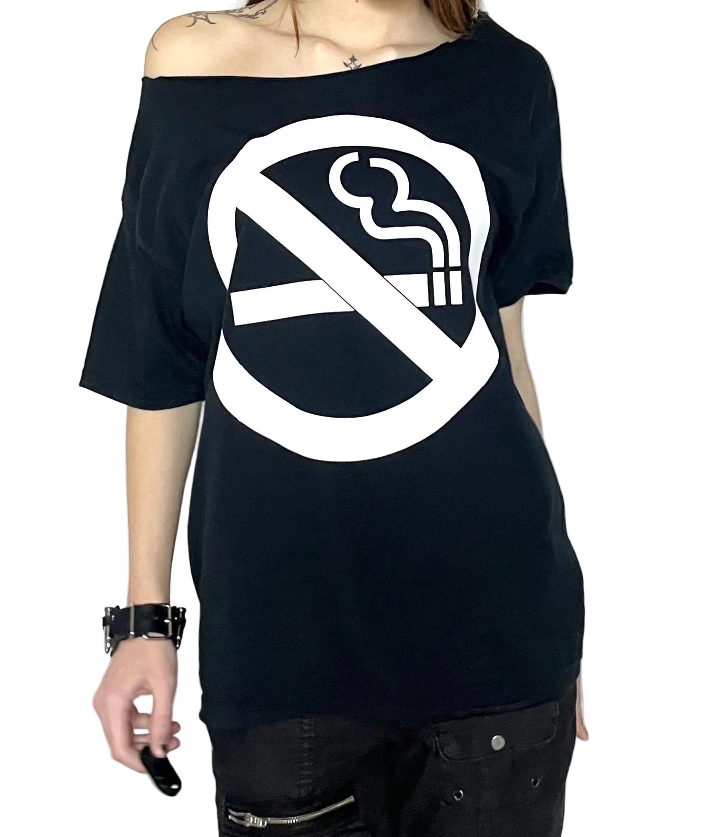 Y2K No Smoking Sign Black Oversized Off The Shoulder T-Shirt Tee Top