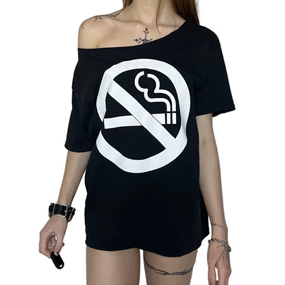 Y2K No Smoking Sign Black Oversized Off The Shoulder T-Shirt Tee Top