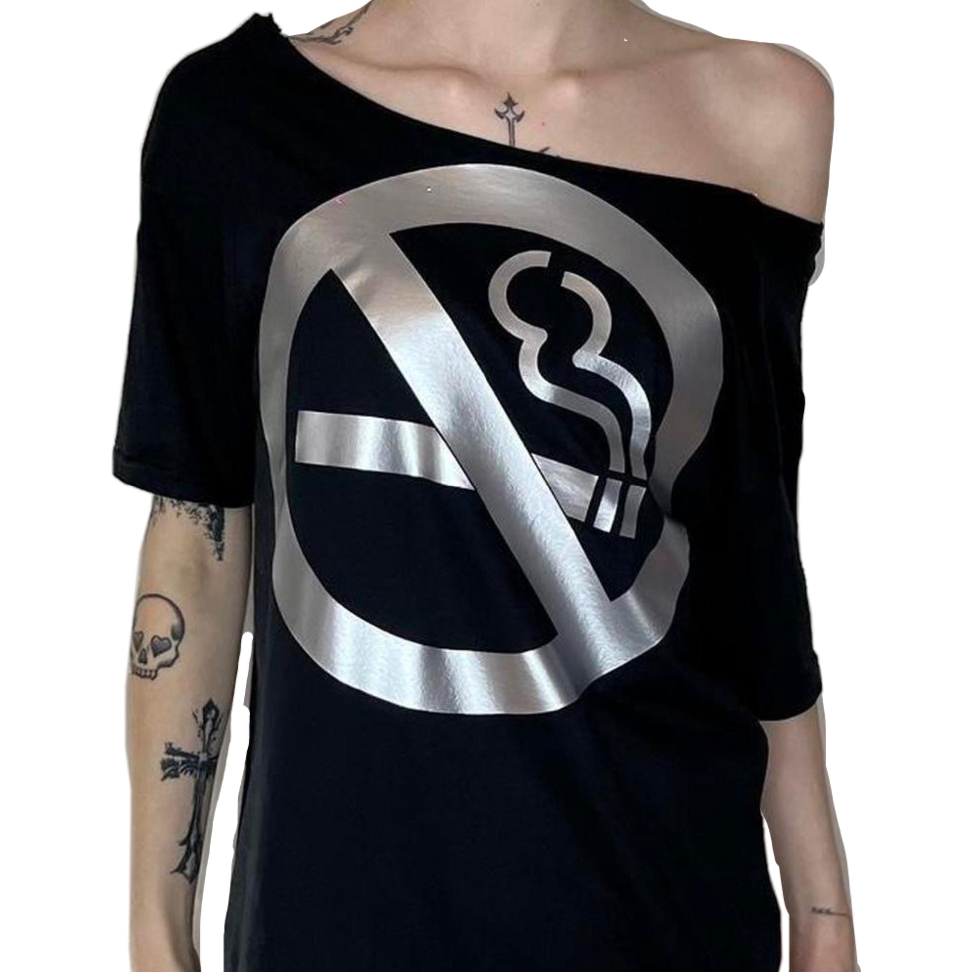 Y2K No Smoking Sign Black Oversized Off The Shoulder T-Shirt Tee Top