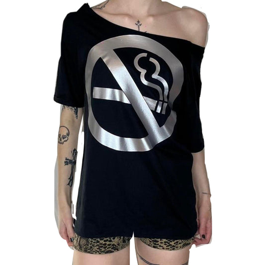 Y2K No Smoking Sign Black Oversized Off The Shoulder T-Shirt Tee Top