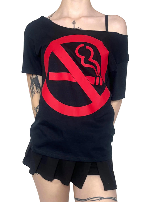 Front View: Y2K No Smoking Sign Black Oversized Off The Shoulder T-Shirt - Red Print