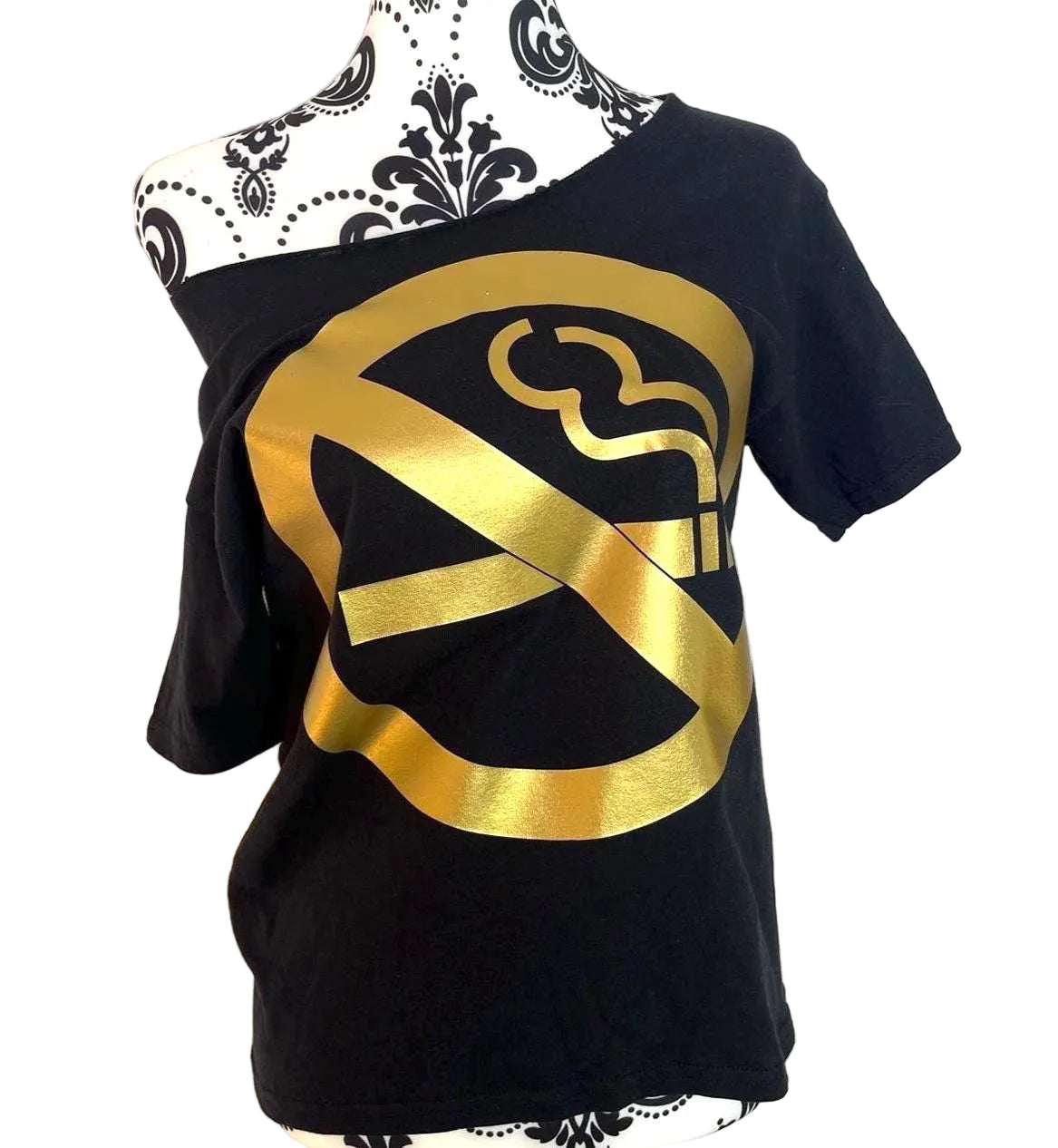Front View: Y2K No Smoking Sign Black Oversized Off The Shoulder T-Shirt - Gold Print