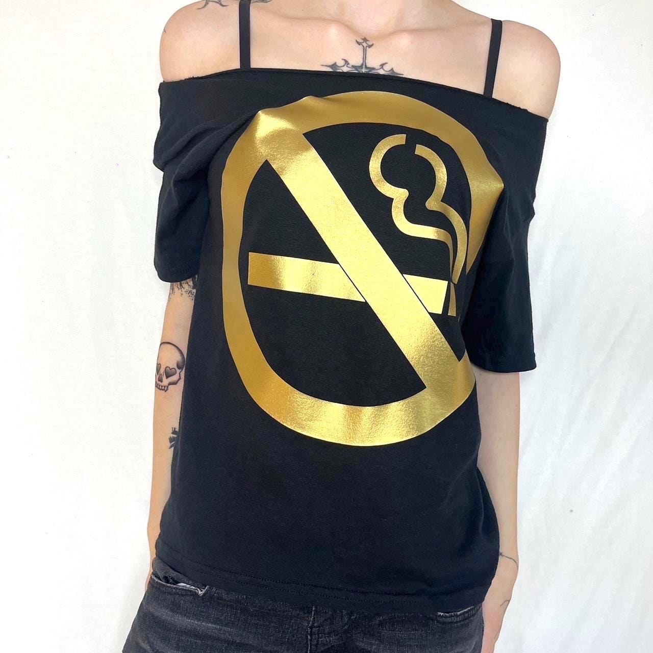 Y2K No Smoking Sign Black Oversized Off The Shoulder T-Shirt Tee Top