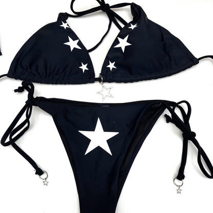 Y2K Star Bikini Set – Black Tie String Halter Swimwear