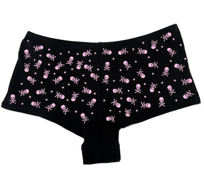 Pink Black Low Rise Booty Shorts All Over Star & Skull Design