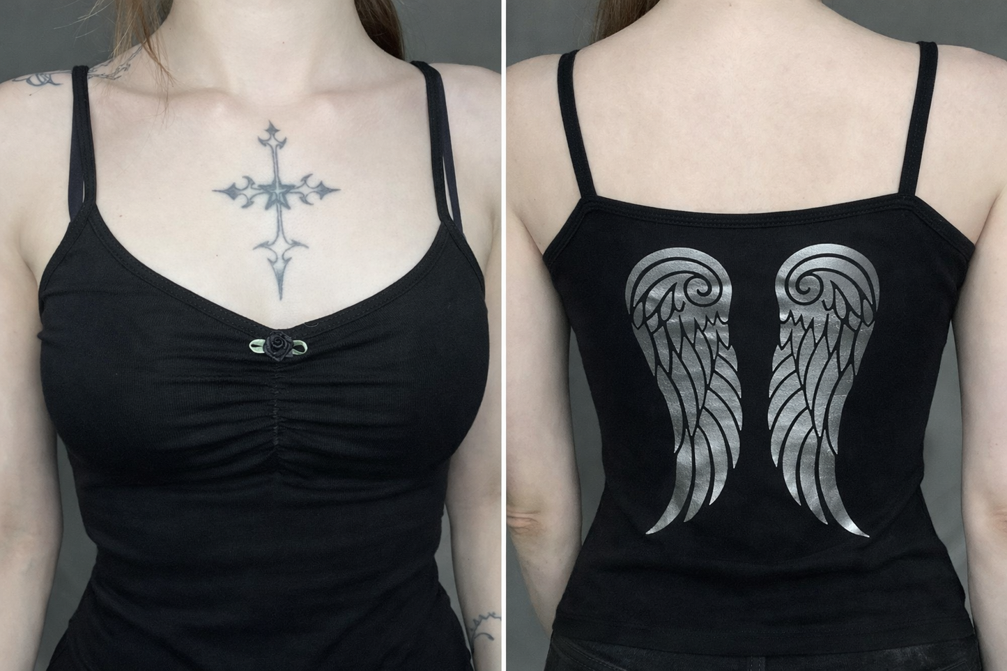 Y2K Black Ruched Cami Printed with Chrome Metallic Angel Wings