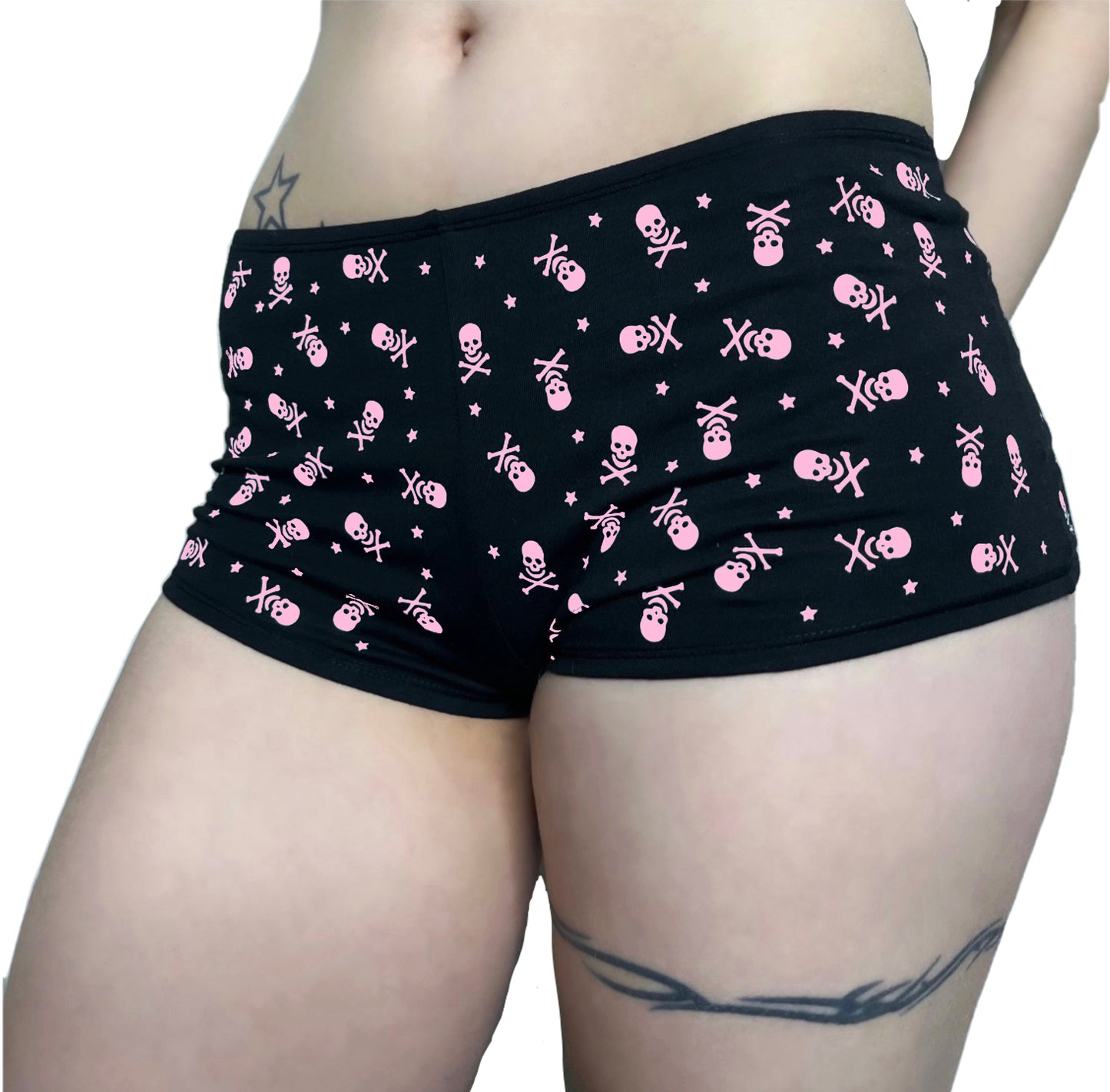Pink Black Low Rise Booty Shorts All Over Star & Skull Design