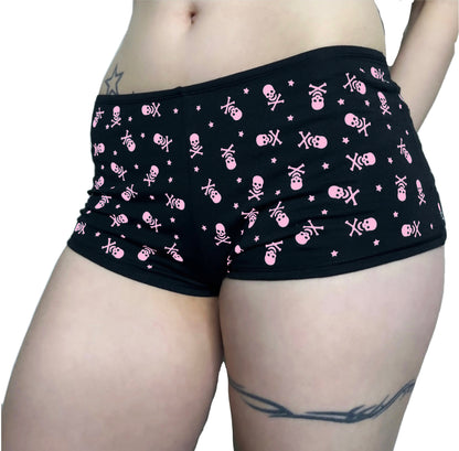 Pink Black Low Rise Booty Shorts All Over Star & Skull Design